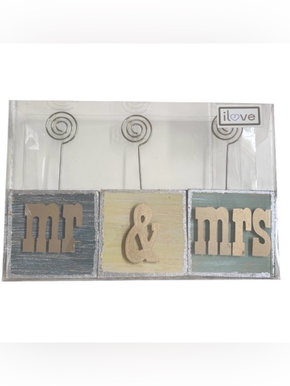 Wooden Photo Clip Blocks - Mr & Mrs: Gray, Cream, Tan NWT